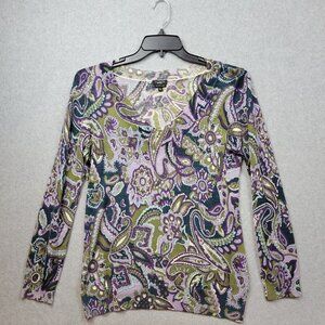 Talbots Sweater Womens Size Large Green Purple Purple Paisley Merino Wool Top